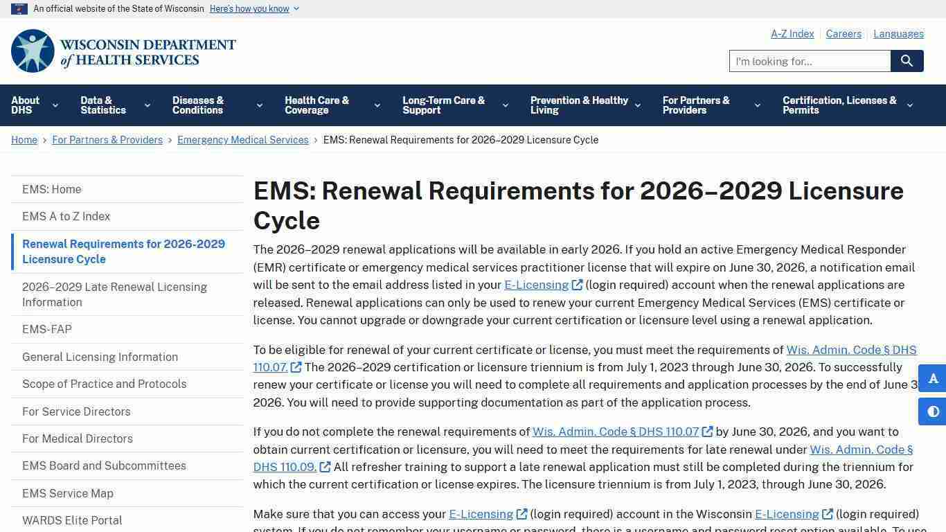 EMS: Renewal Requirements for 2026–2029 Licensure Cycle | Wisconsin Department of Health Services